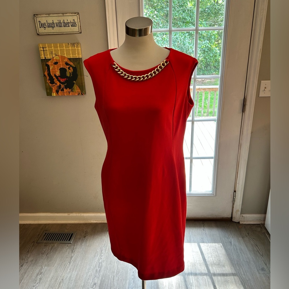 Calvin Klein Red Dress with Gold Chain Detail